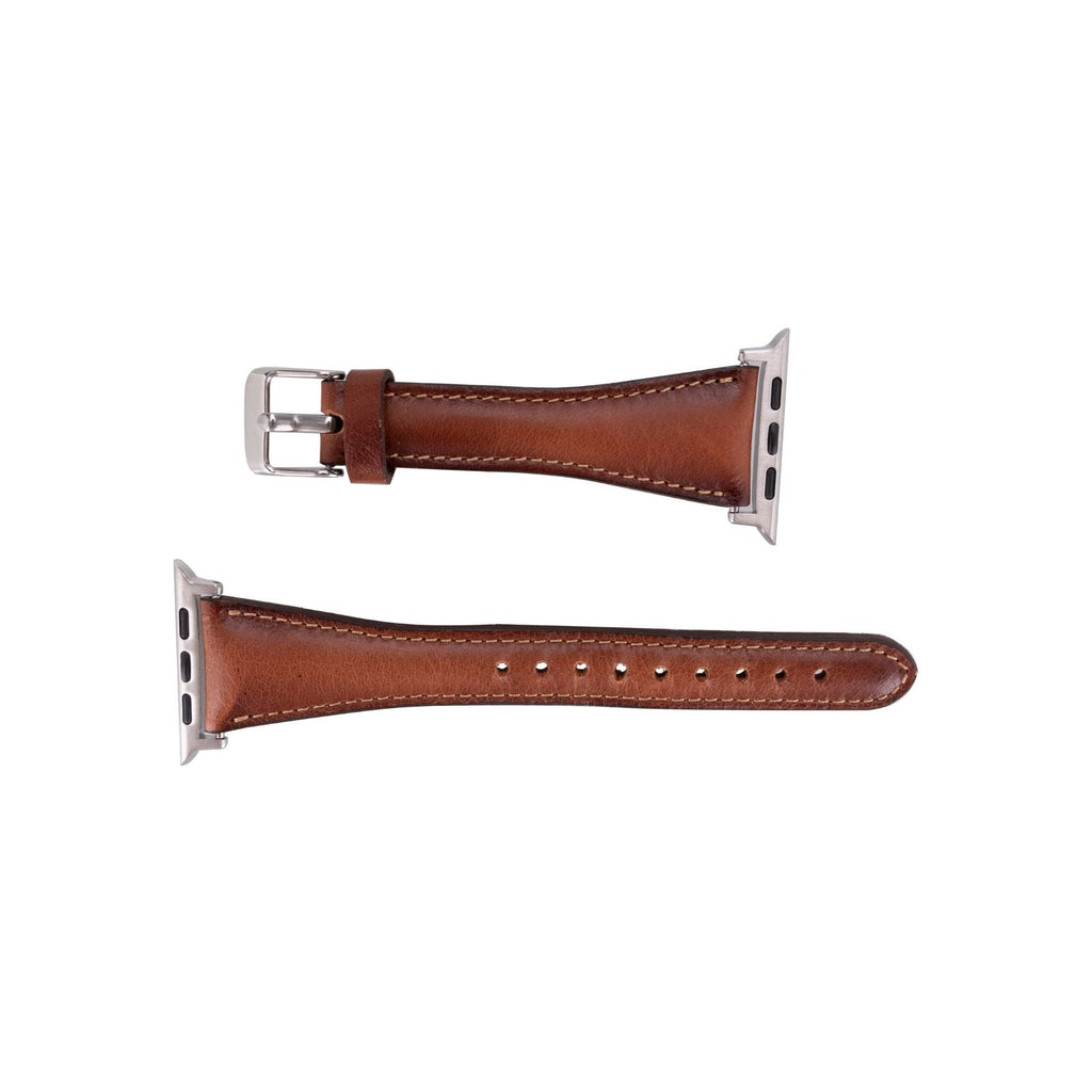 Slim genuine leather watch band attached to an Apple Watch, showcasing a rich natural patina — view 4