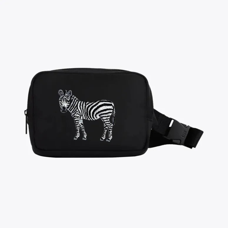 Zebra everyday belt bag in striking black and white animal print with adjustable waist strap — view 3