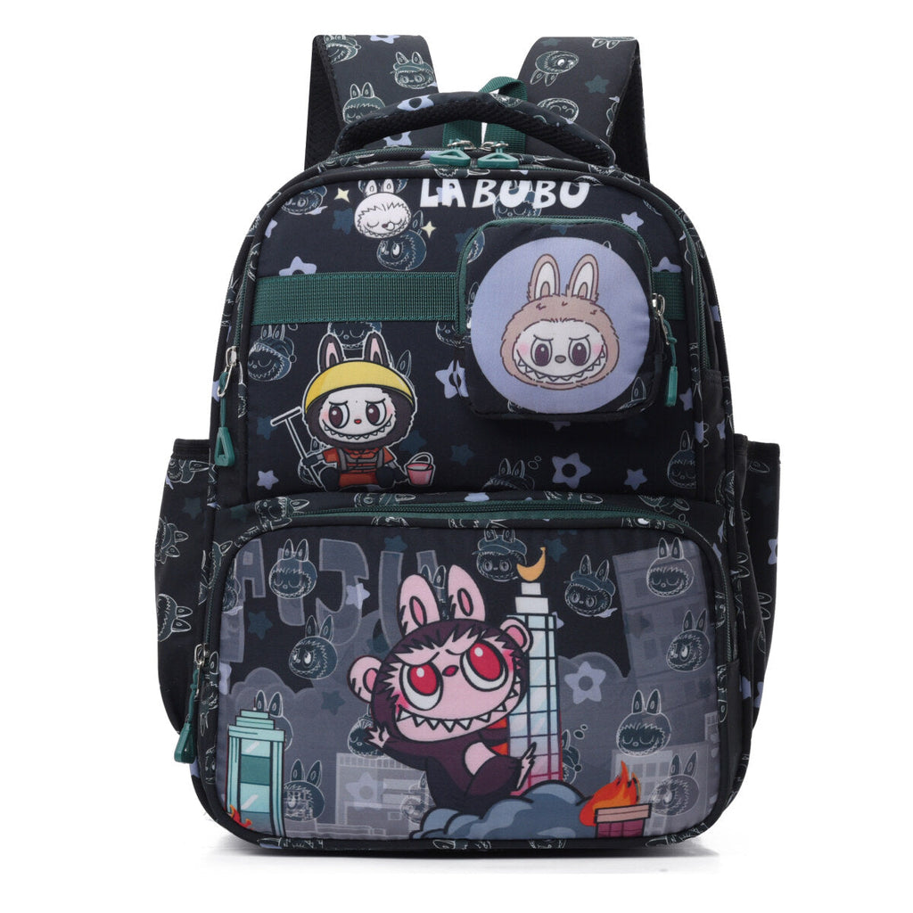 Colorful kids backpack with adorable character prints, detachable mini wallet, and spacious front pocket
