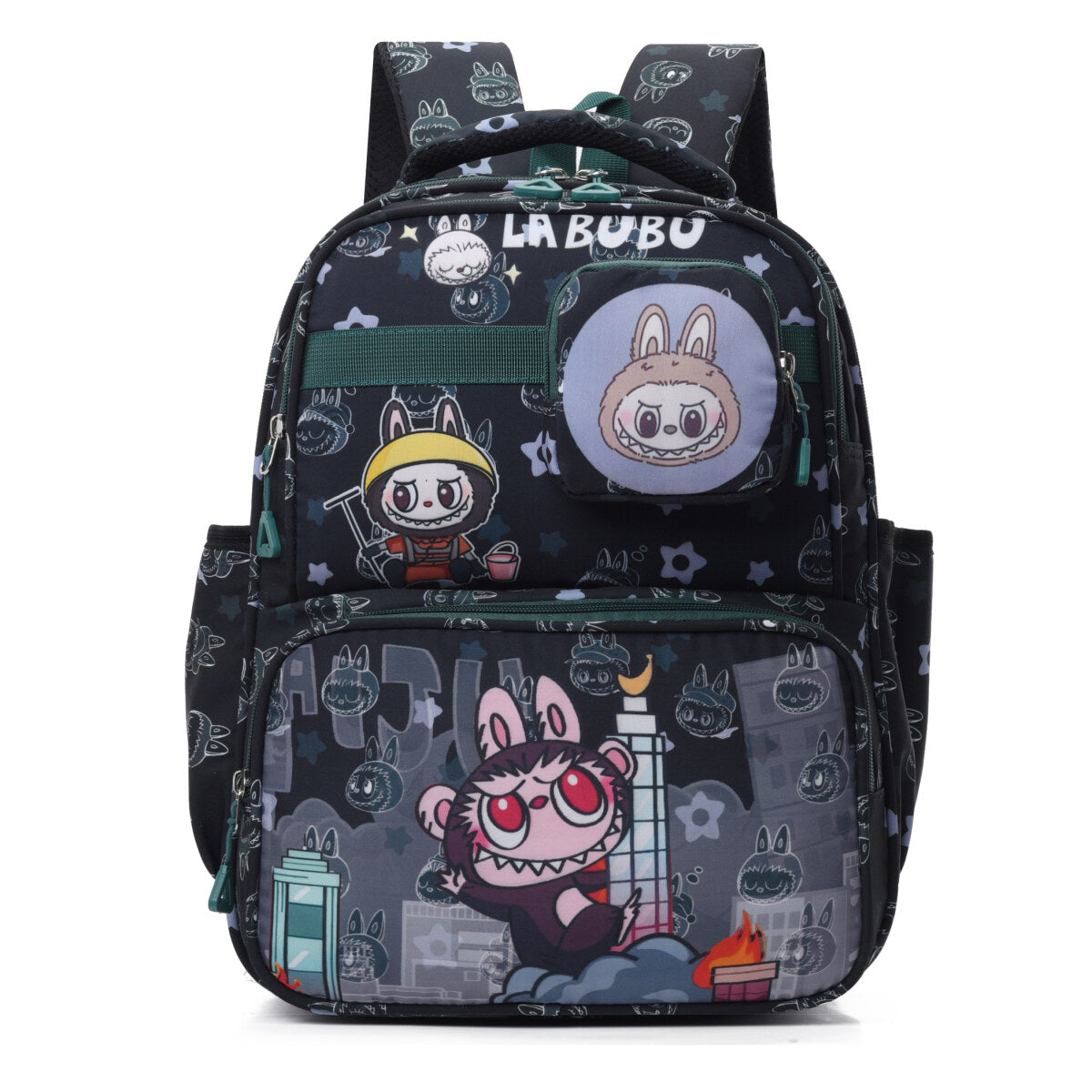 Colorful kids backpack with adorable character prints, detachable mini wallet, and spacious front pocket
