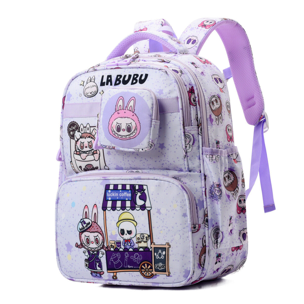 Colorful kids backpack with adorable character prints, detachable mini wallet, and spacious front pocket — view 2