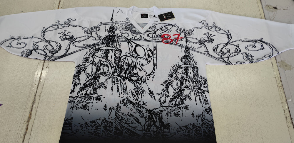 Club black design ice hockey jersey featuring long sleeves, V-neck, and bold sublimated custom print — view 3