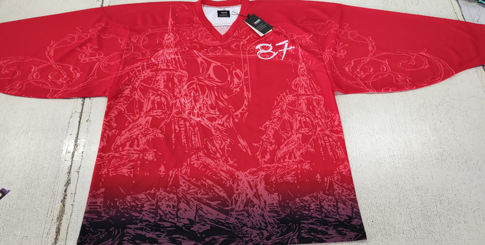 Club black design ice hockey jersey featuring long sleeves, V-neck, and bold sublimated custom print — view 5