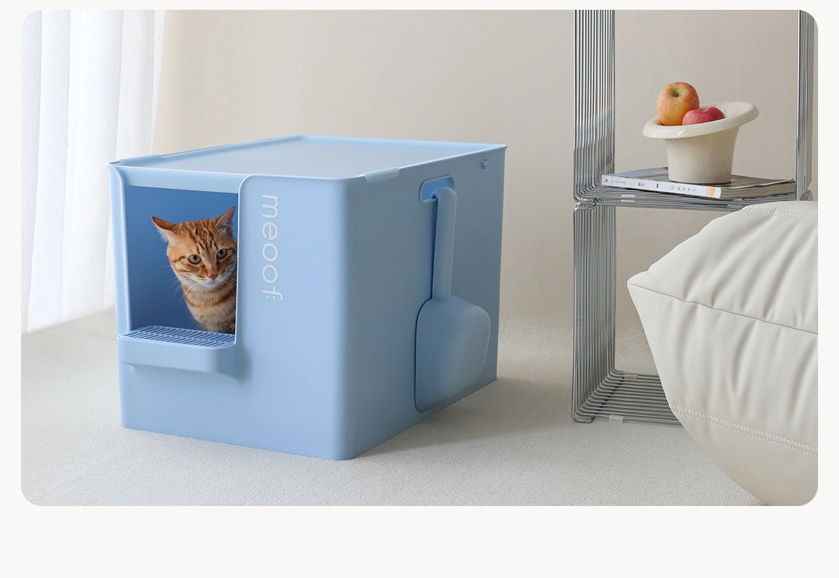Extra large semi-enclosed cat litter box with anti-tracking step and scoop set in modern design — view 2