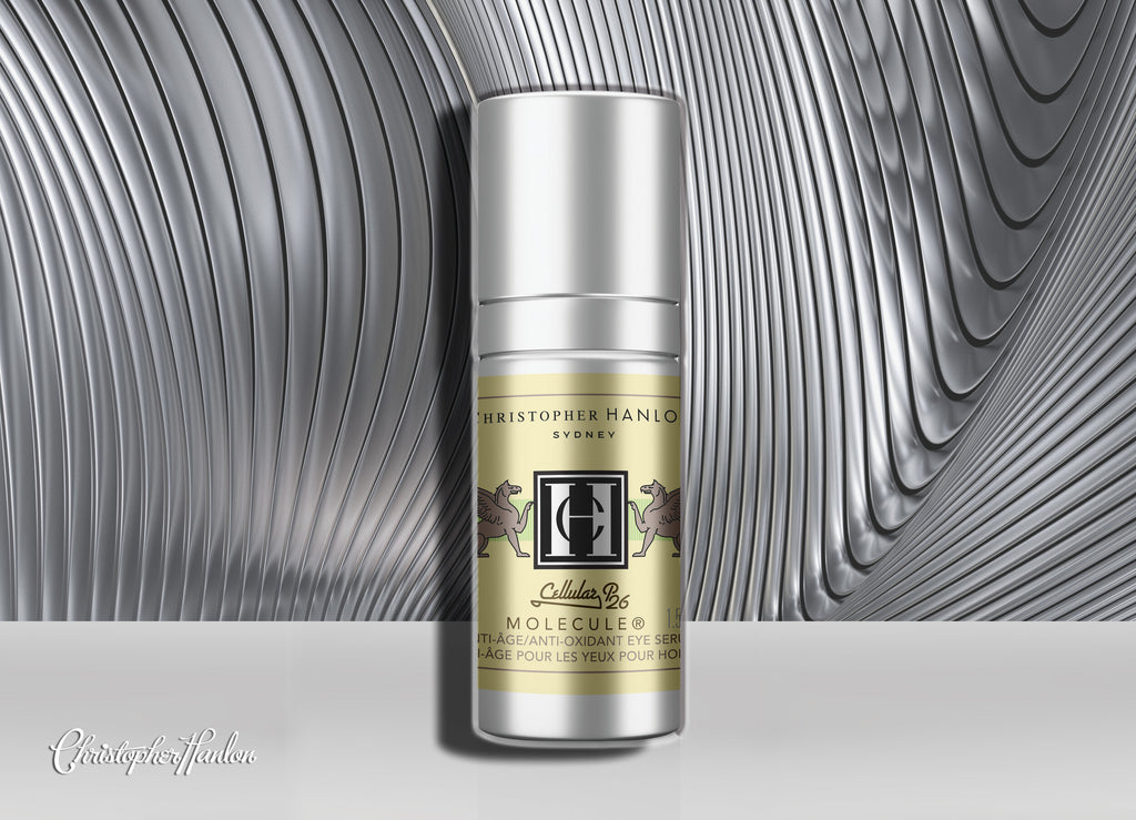 Premium men's antioxidant eye serum bottle with vitamin C and botanical extracts for dark circles.