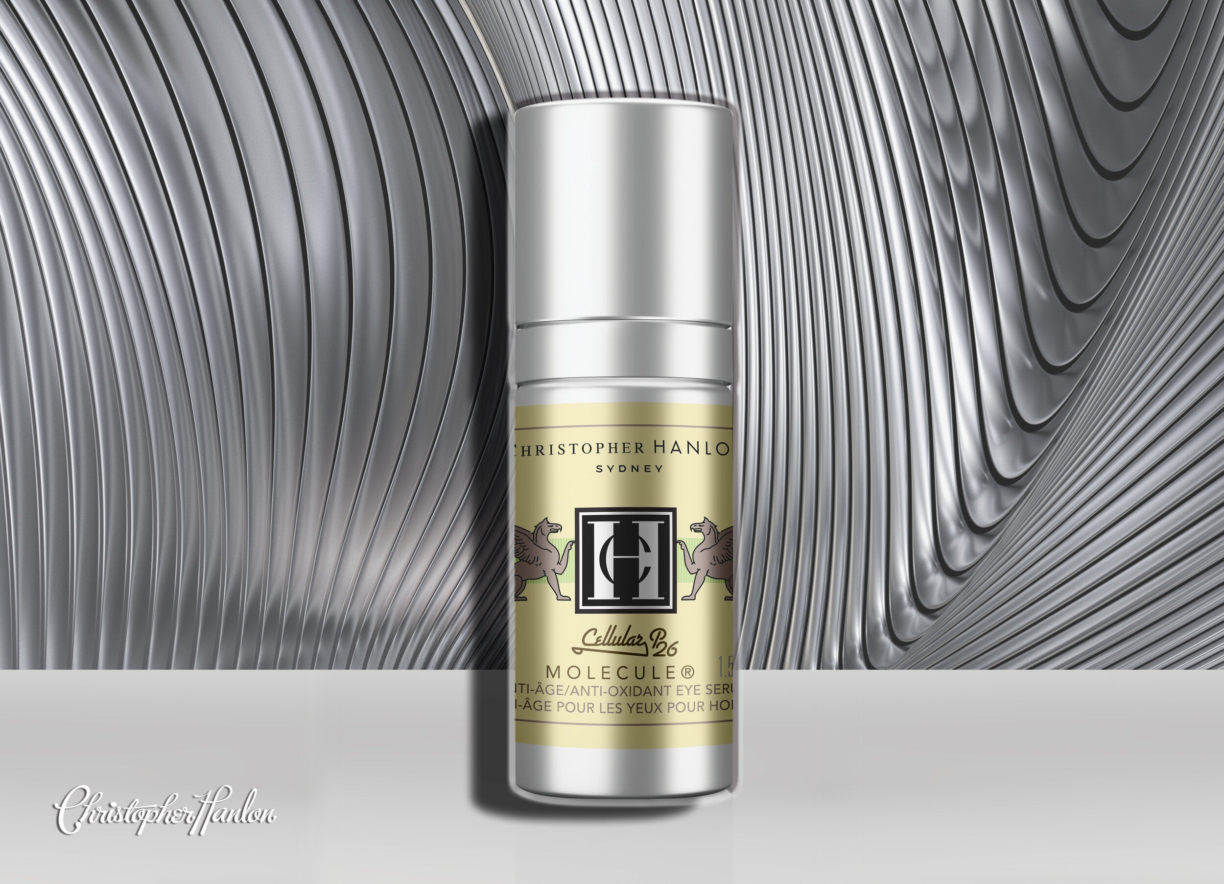 Premium men's antioxidant eye serum bottle with vitamin C and botanical extracts for dark circles.