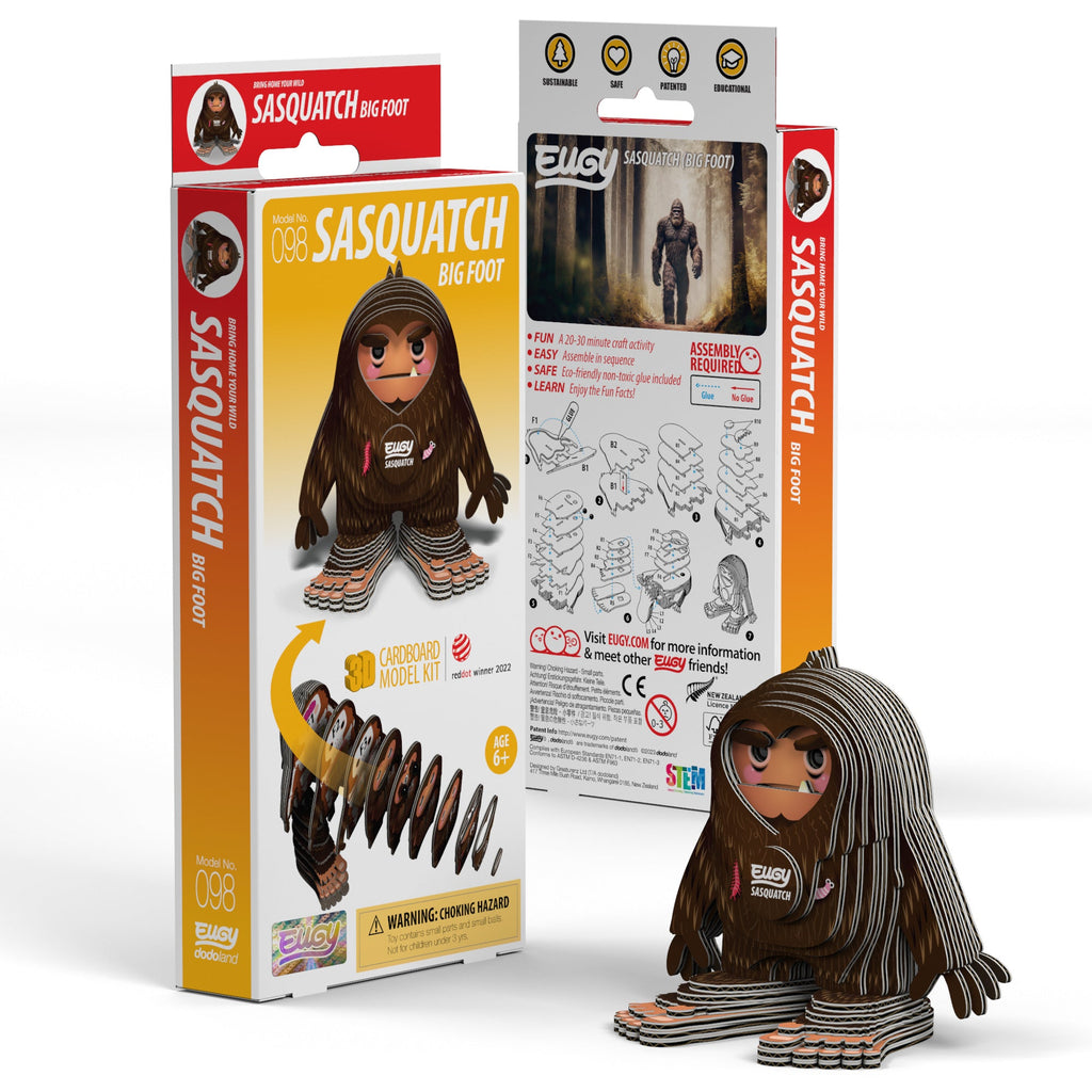 EUGY Sasquatch 3D puzzle made of brown cardboard with large feet and a grumpy face