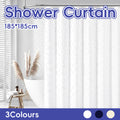 Textured bohemian waterproof shower curtain with elegant tassel fringe and rustproof hanging rings.