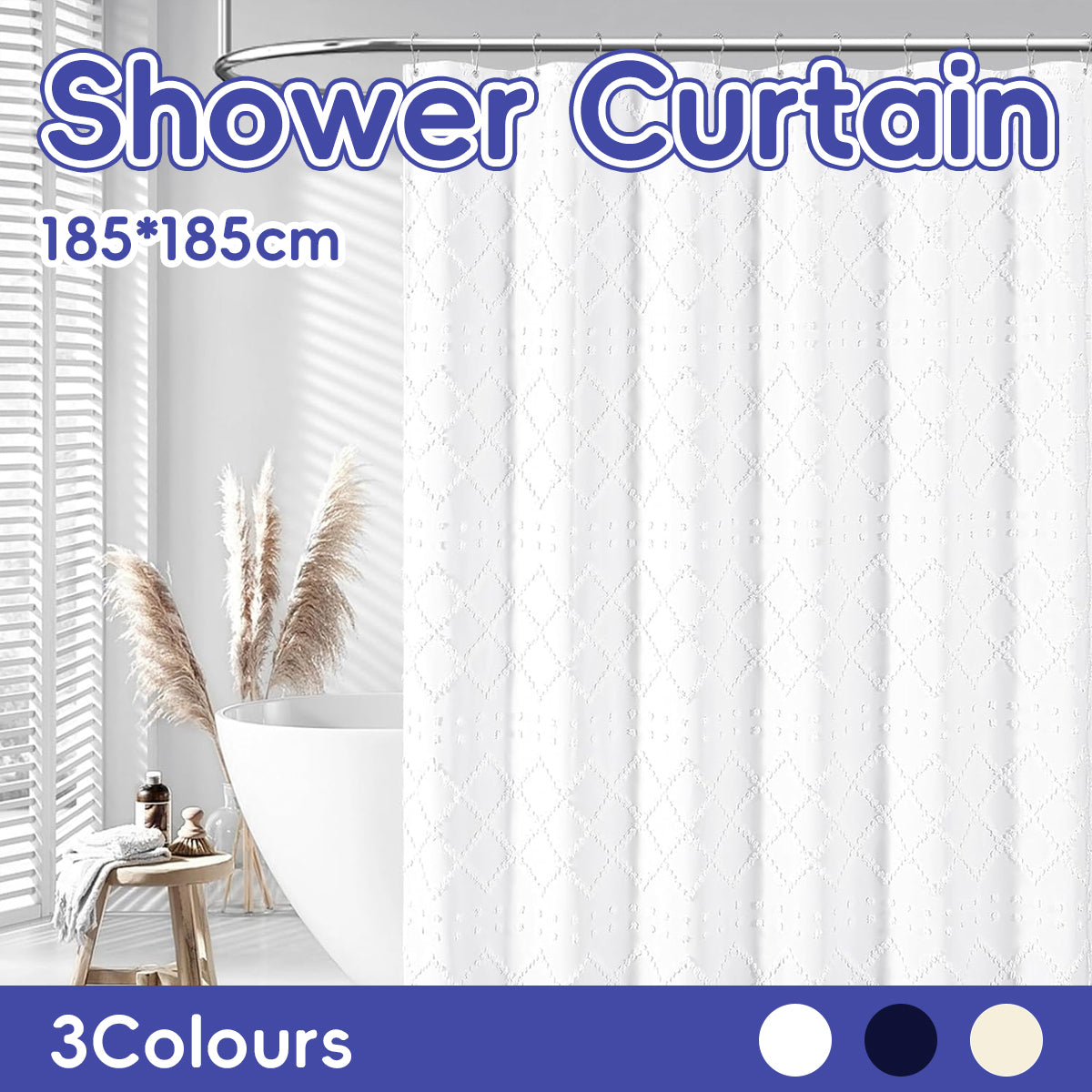 Textured bohemian waterproof shower curtain with elegant tassel fringe and rustproof hanging rings.