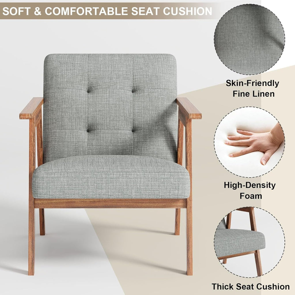 Gray upholstered accent chair with dark fabric and walnut wood frame in contemporary mid century style — view 4