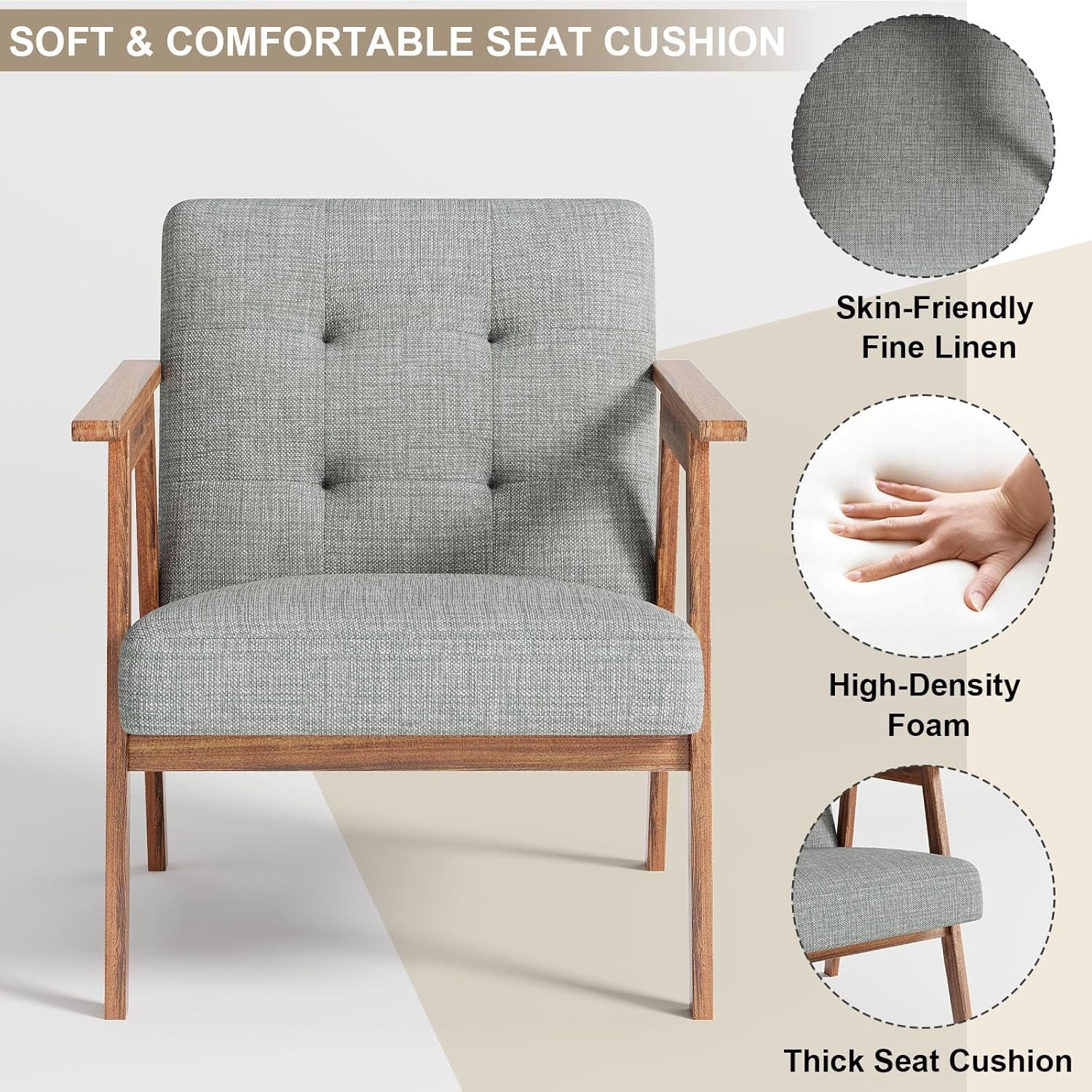 Gray upholstered accent chair with dark fabric and walnut wood frame in contemporary mid century style — view 4