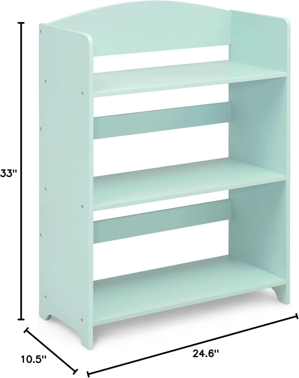 Mint green kids wooden bookshelf with three open tiers for playroom and nursery organization — view 3