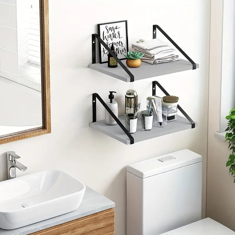 Rustic wooden floating wall shelf set of two displaying small plants and framed photos — view 3