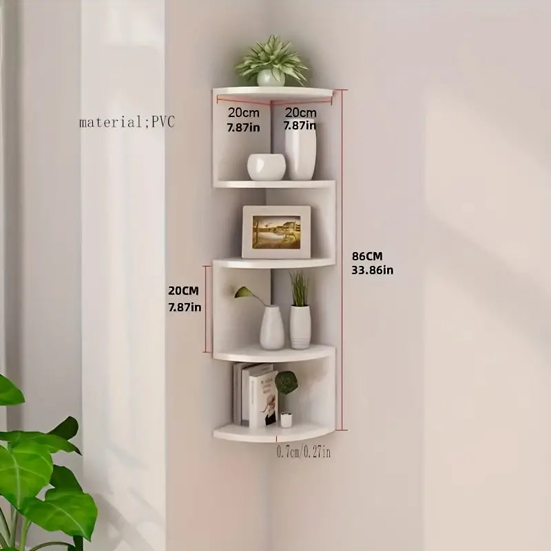 Five tier PVC corner wall shelf displaying books and small plants in a living room — view 3