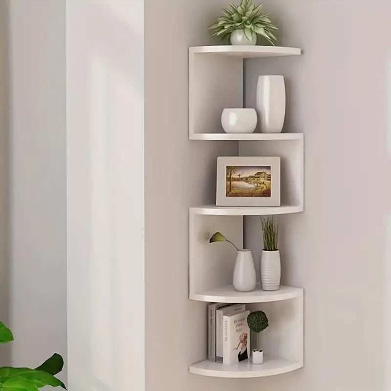 Five tier PVC corner wall shelf displaying books and small plants in a living room — view 2