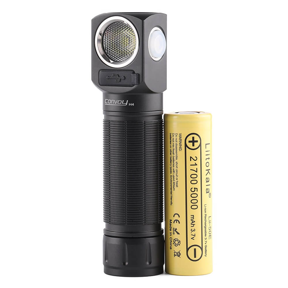 Black aluminum alloy Convoy H4 headlamp with a blue adjustable headband and metallic clip — view 2