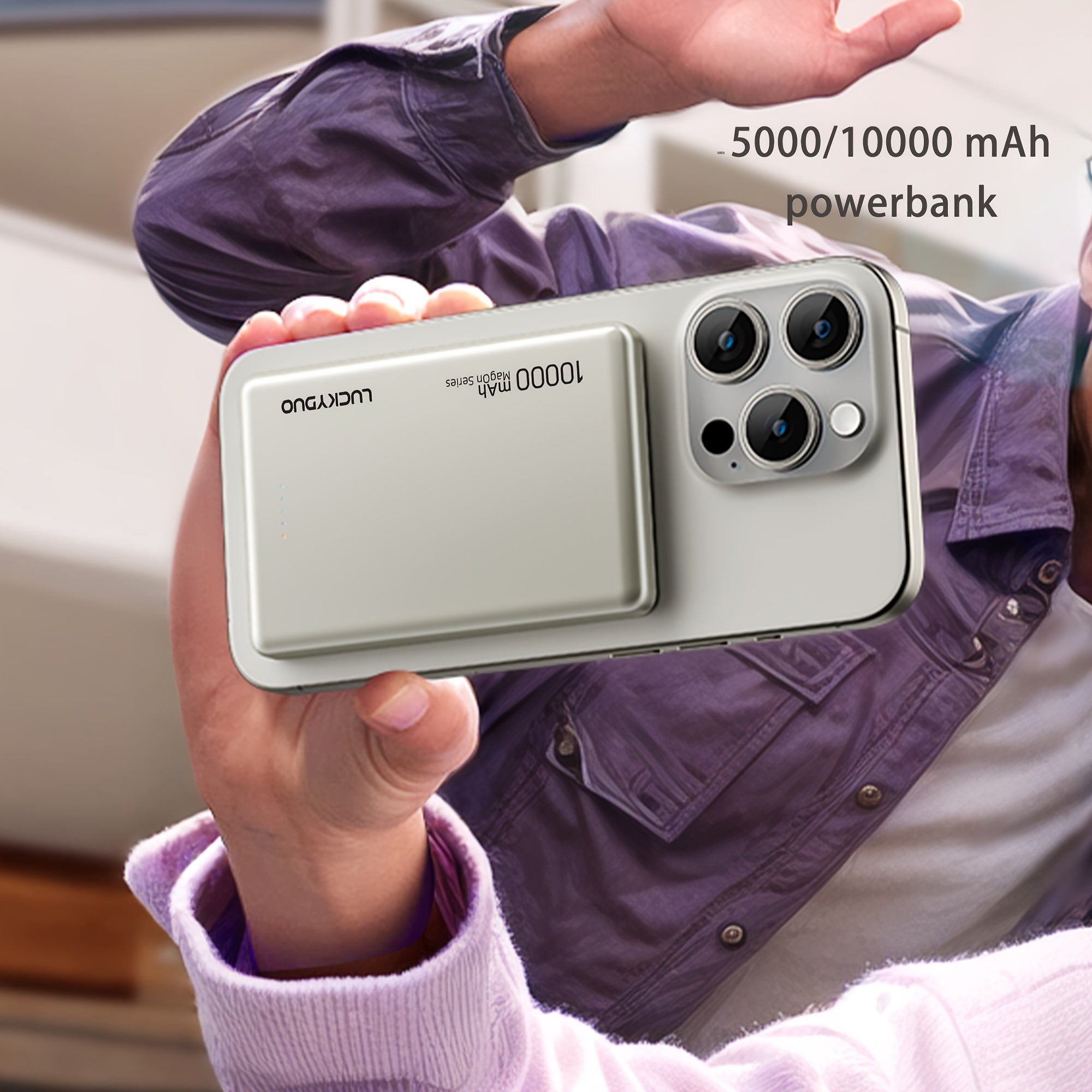Ultra-slim 5000mAh magnetic portable power bank in sleek casing for fast wireless smartphone charging — view 2