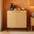 Modern two-door buffet cabinet in white and natural wood finish with sturdy metal base