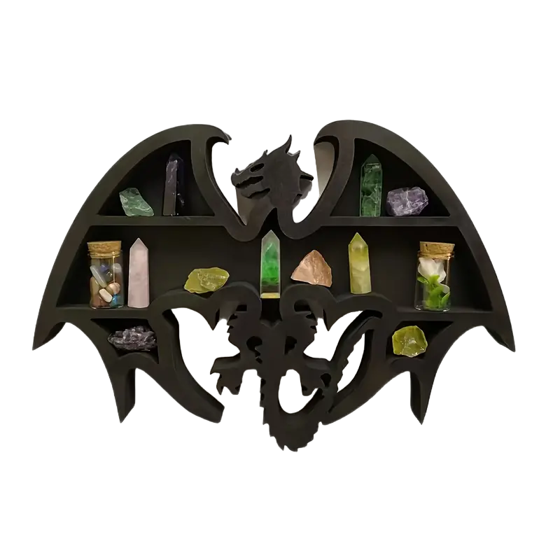 Handcrafted wooden dragon shaped crystal wall display shelf with natural wood grain finish