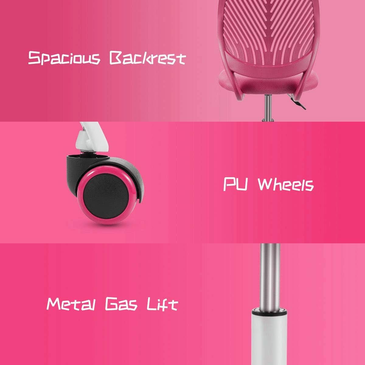 Rose pink adjustable kids desk chair with lumbar support, armless design, and swivel caster wheels — view 5