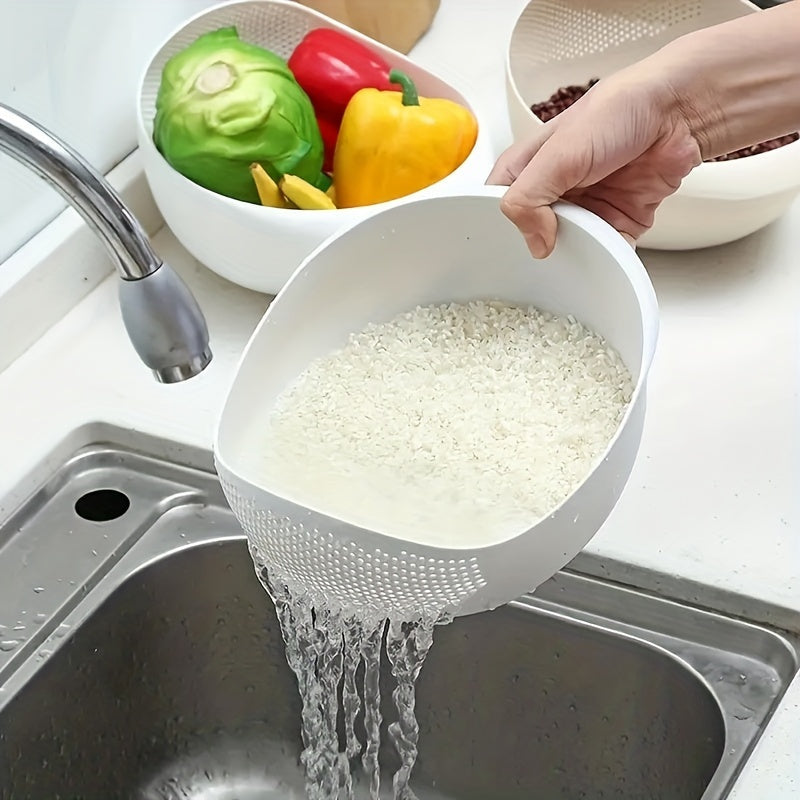 White plastic kitchen washing basket and rice drainer on a kitchen countertop — view 3