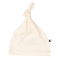 Cream bamboo baby beanie, soft and breathable hypoallergenic headwear for infants and toddlers.