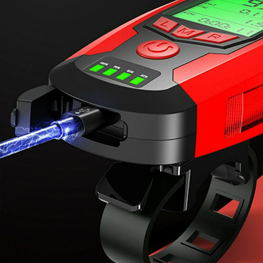 Black LED bicycle headlight with LCD speedometer screen and horn attachment for safe outdoor cycling
