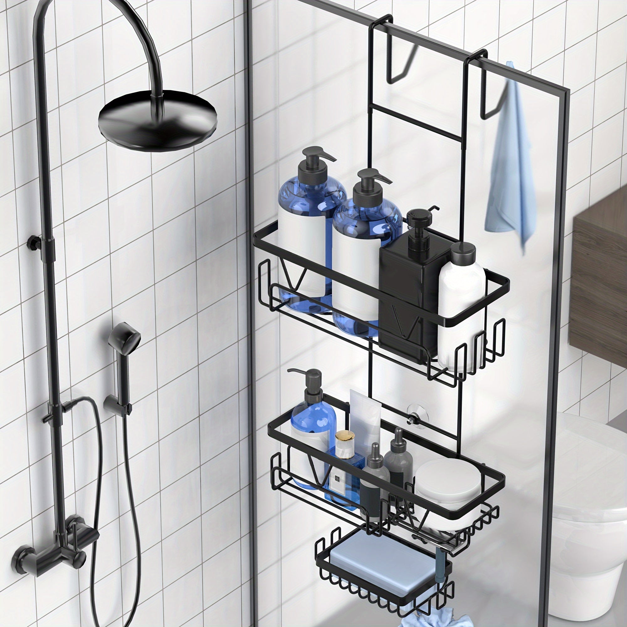 Black stainless steel over the door shower organizer rack holding towels and bathroom accessories — view 3