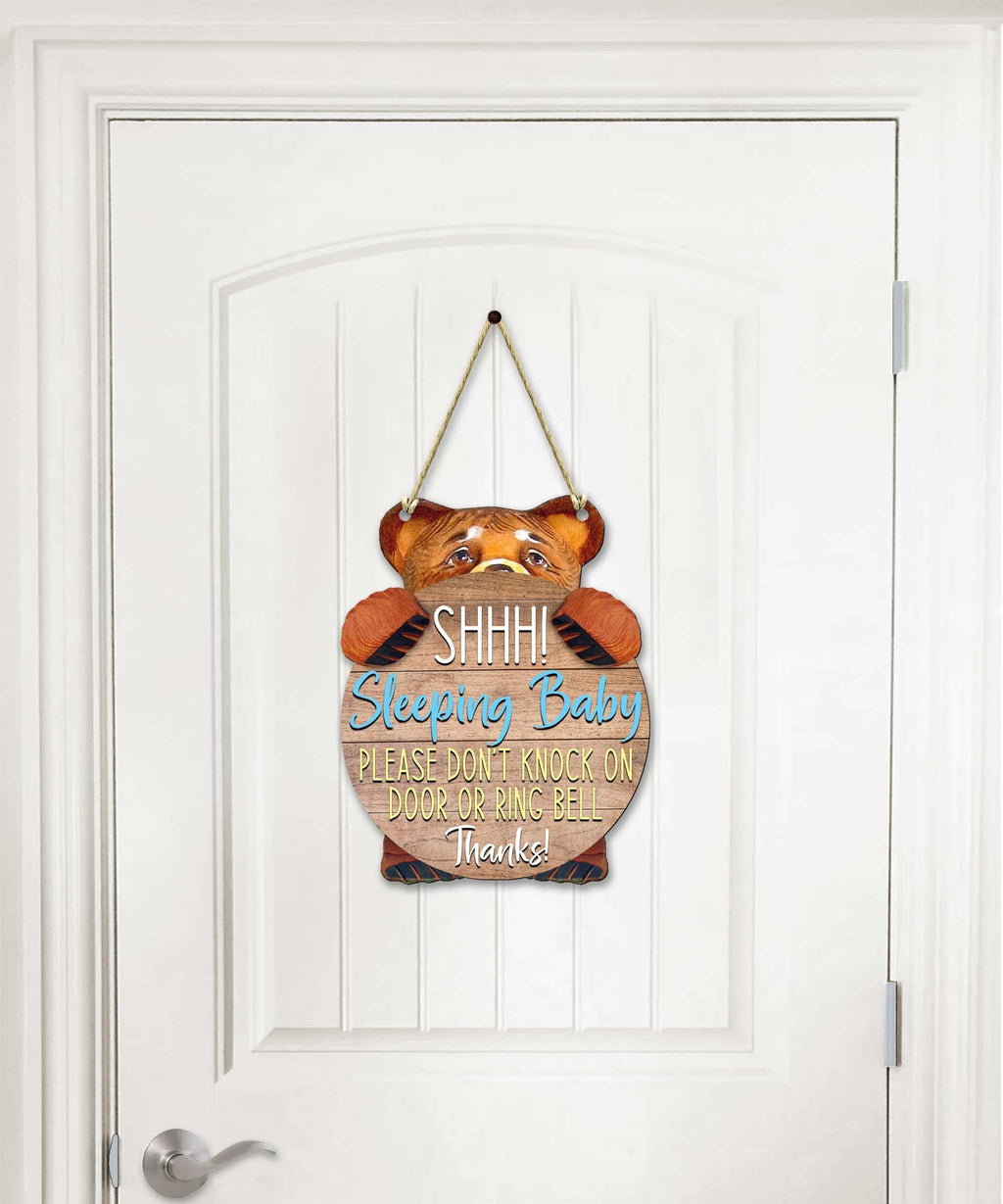 Handcrafted weather-resistant baby sleeping do not knock sign with hanging rope for front door — view 3