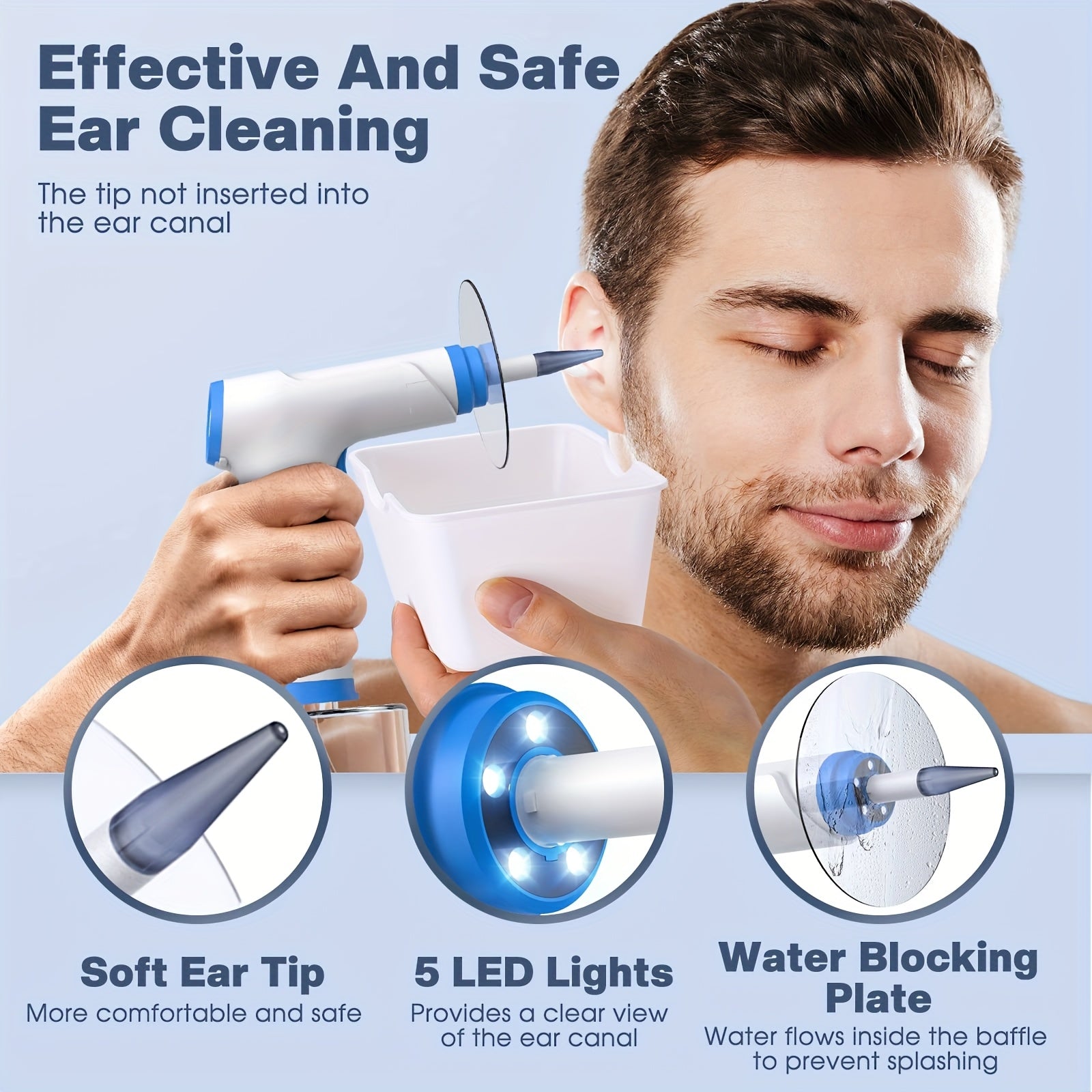 Electric hydraulic ear irrigation system kit in sky blue with ten interchangeable nozzles and catch basin — view 2