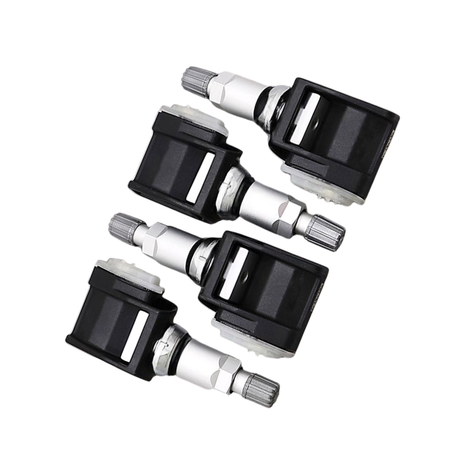 Four black metal and plastic tire pressure monitoring sensors with screw-in mounts for vehicles — view 3