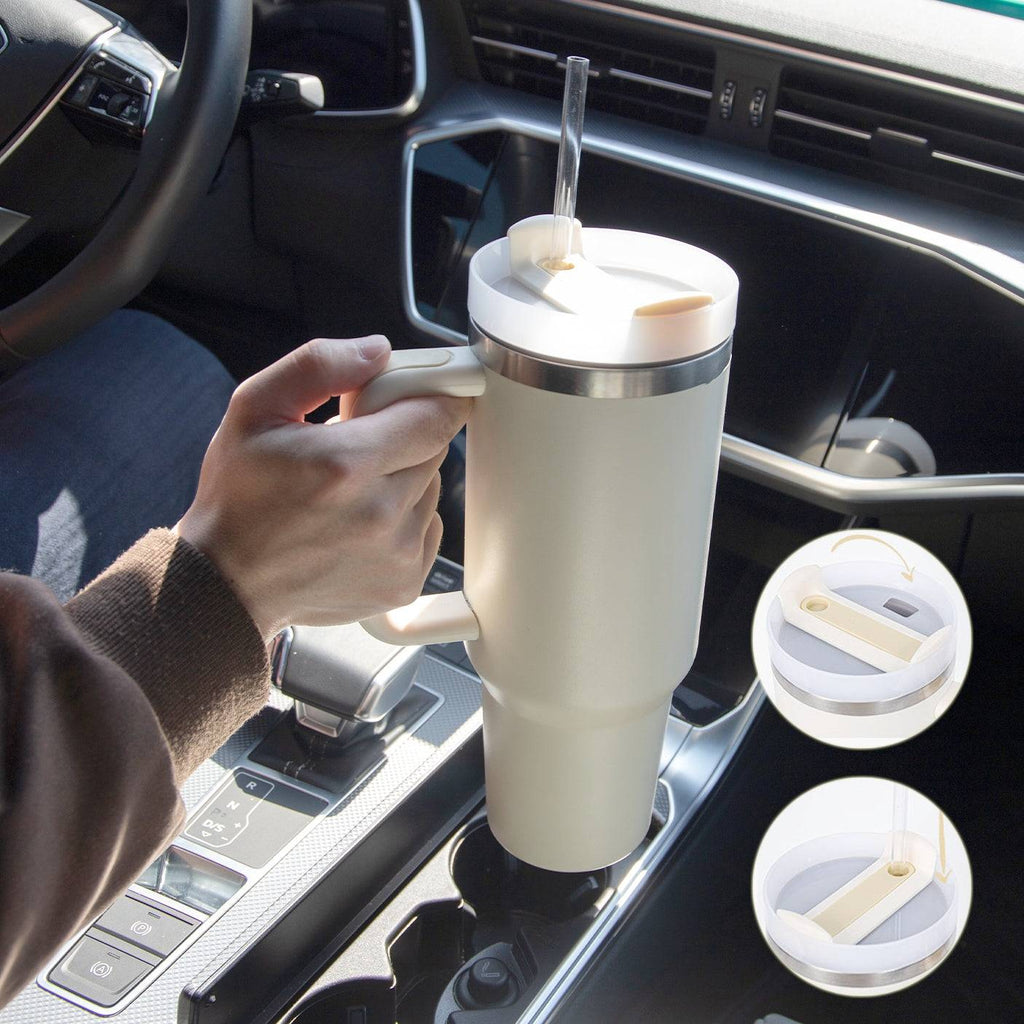 Large 40 oz stainless steel insulated travel mug with side handle and drinking straw lid