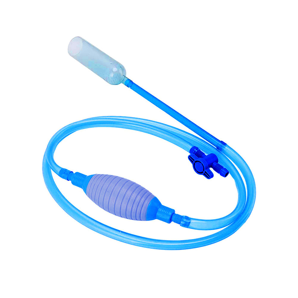 Blue plastic aquarium gravel cleaner vacuum with long siphon hose, strainer, and water flow control.