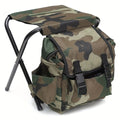 Camouflage folding camping chair with integrated backpack picnic bag and sturdy metal frame.