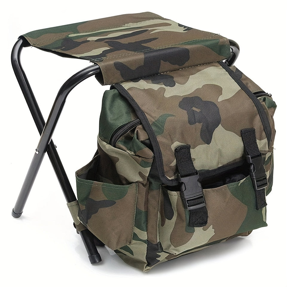 Camouflage folding camping chair with integrated backpack picnic bag and sturdy metal frame.