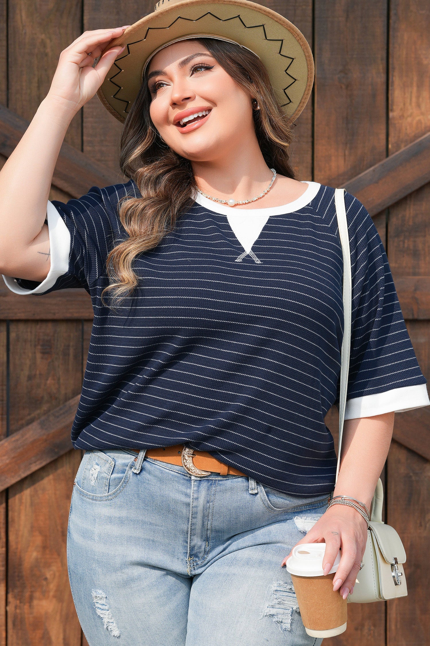 Women's plus size blue striped ribbed t-shirt with contrast trim detailing and short sleeves — view 3