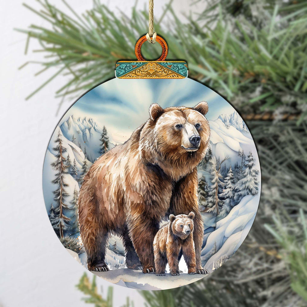Grizzly bear with cub wooden ornament handcrafted birch plywood wildlife Christmas decor — view 2