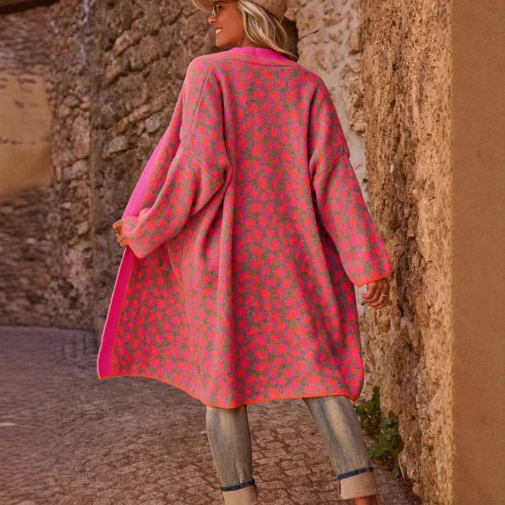Rose red leopard print long knit cardigan for women with front pockets and loose fit — view 3
