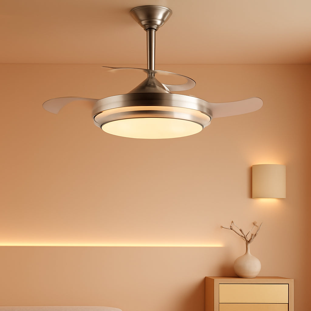 42 inch LED ceiling fan in brushed nickel with transparent retractable blades and light fixture