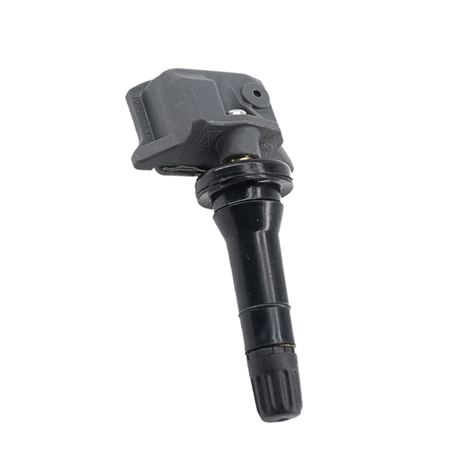 Set of four black automotive tire pressure monitoring sensors with metal valves. — view 4