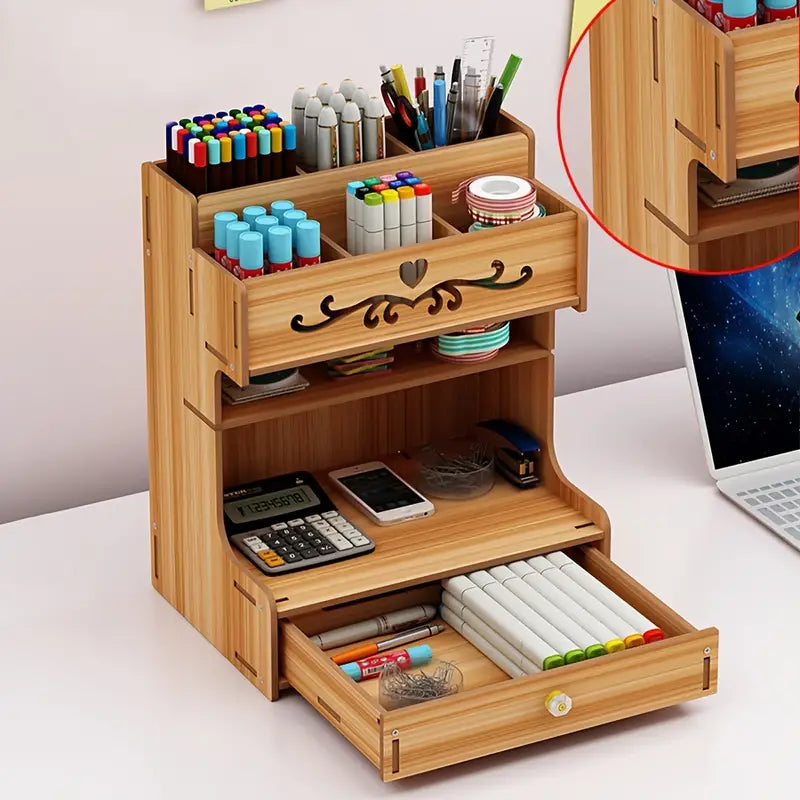 Wooden drawer organizer and desktop storage with versatile compartments for pens, markers, and office supplies — view 4