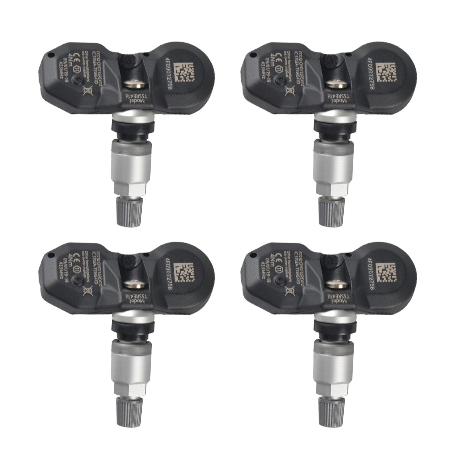 Set of four premium tyre pressure monitoring sensors in black and silver for luxury vehicles