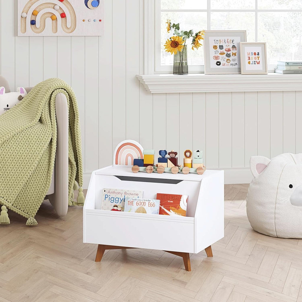 White solid wood toy chest with front-facing book display and slow-closing safety lid. — view 2
