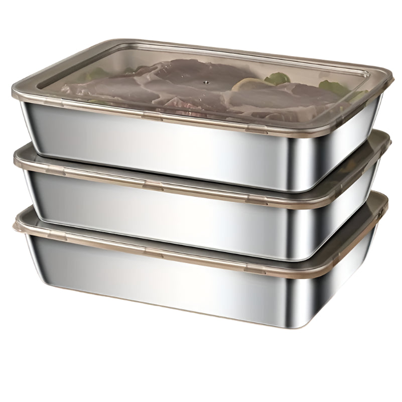 Rectangular stainless steel food storage container with flip top closure for leak-proof meal prep