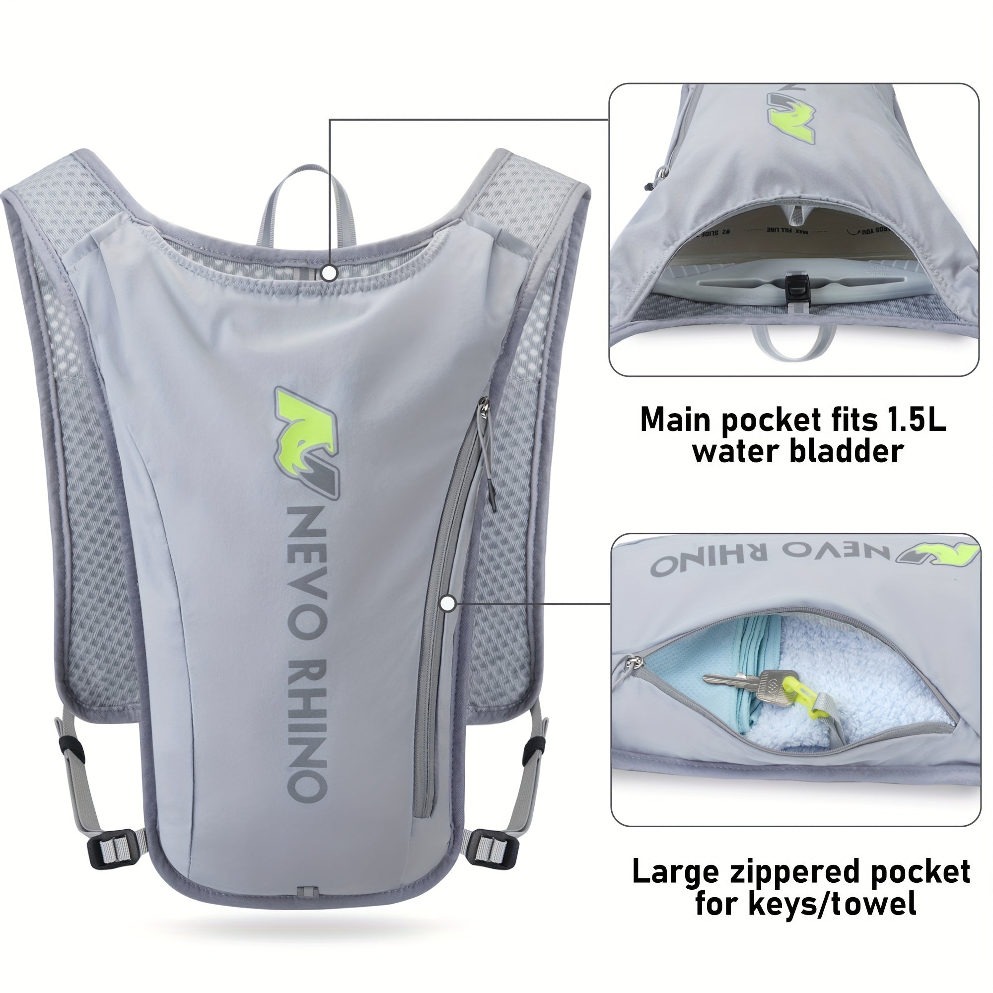 Grey 5.5L running hydration vest with 1.5L water bladder and adjustable universal fit — view 4