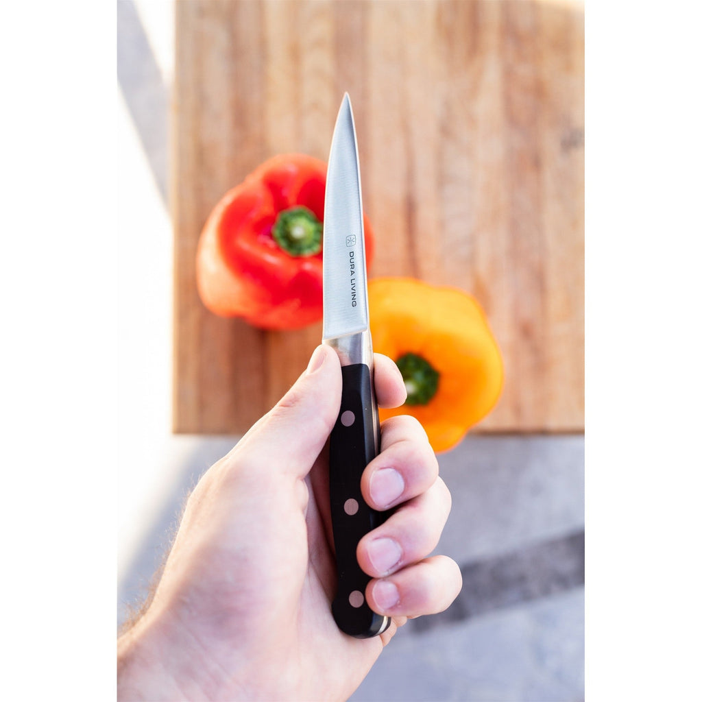 Superior 3.5 inch paring knife with black ergonomic handle and high-carbon German steel blade — view 3