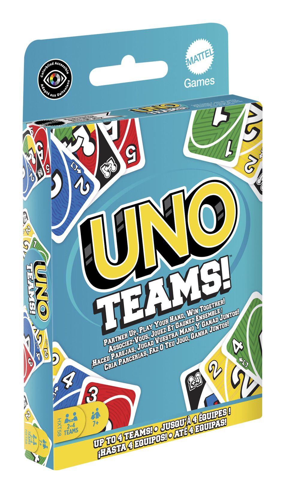 UNO Teams card game box and cards featuring vibrant colors and teamwork gameplay mechanics — view 5