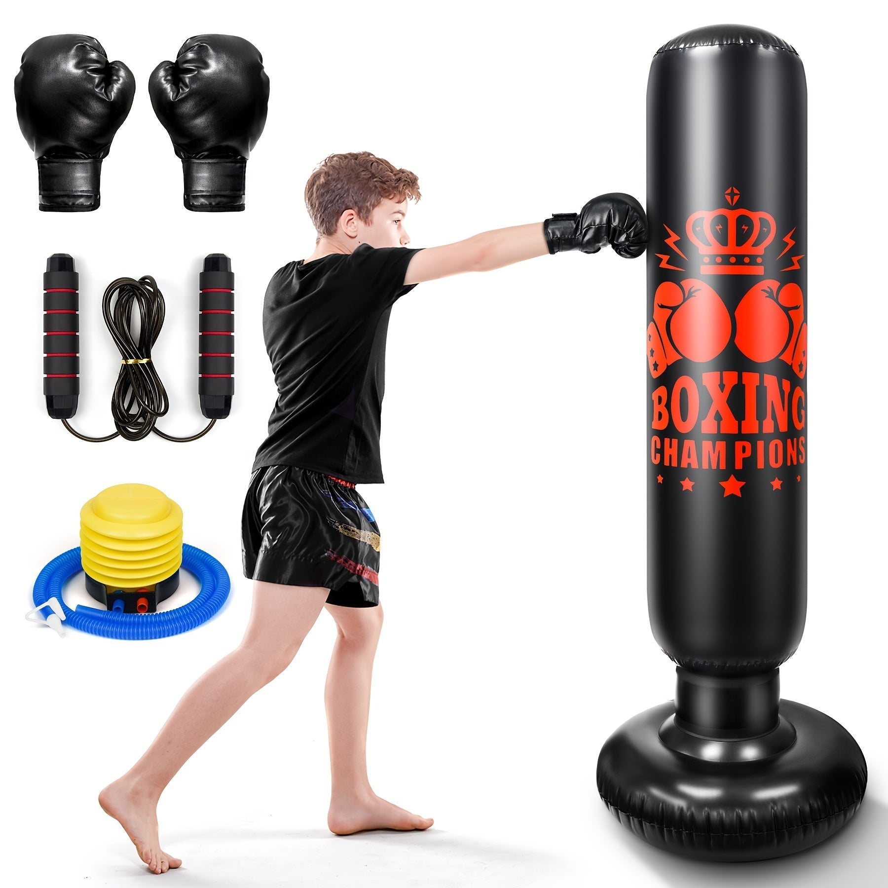 Inflatable kids punching bag set with boxing gloves and skipping rope in durable PVC — view 2