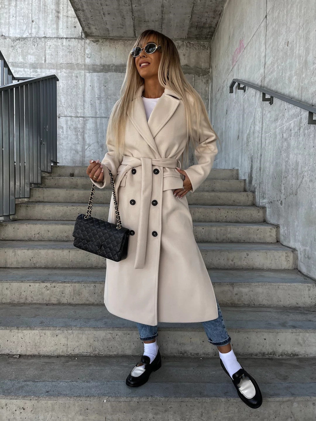 Double-breasted Lapel Split Jacket With Belt Winter Fashion Casual Long Sleeve Button Daily Coats For Women Clothing-4