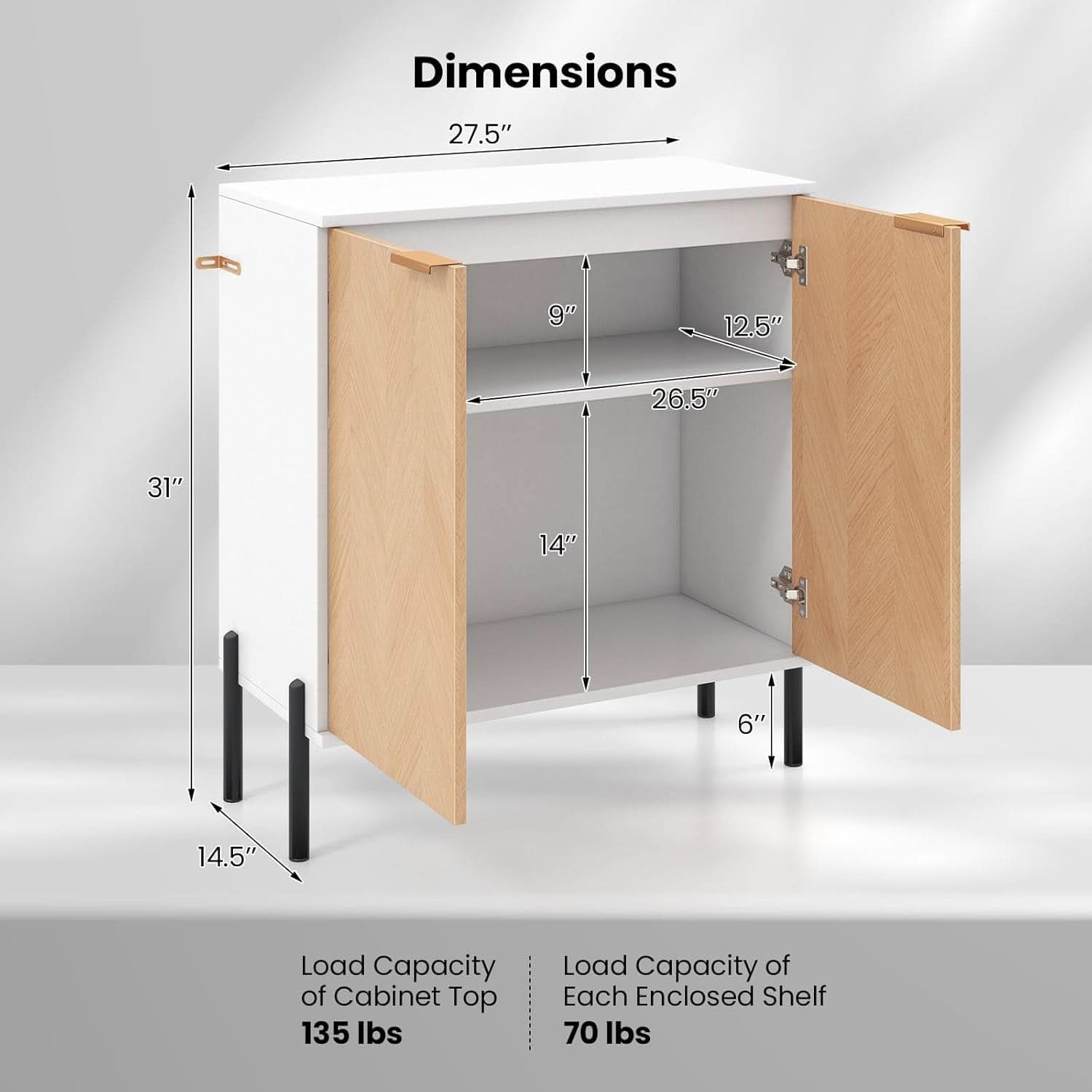 Modern two-door buffet cabinet in white and natural wood finish with sturdy metal base — view 3